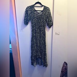 Black Floral Midi Dress with Puff Sleeves and Ruffle Hem